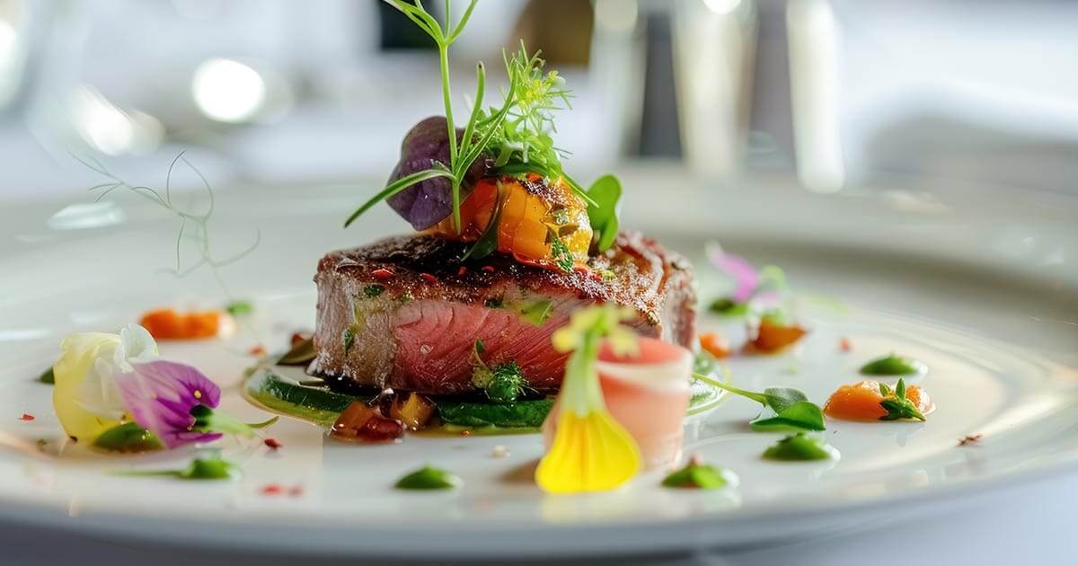 A gourmet plated dish at Thrive Senior Living features a medium-rare steak topped with vegetables, edible flowers, and herbs, surrounded by colorful garnishes and sauces on a white plate.