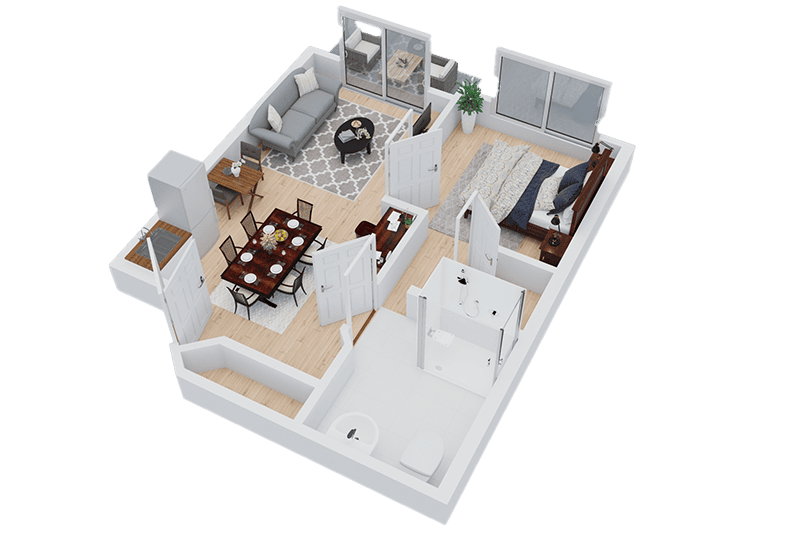 3D floor plan of a one-bedroom apartment, ideal for Thrive Senior Living, featuring a living room, dining area, kitchen, bathroom, and balcony.