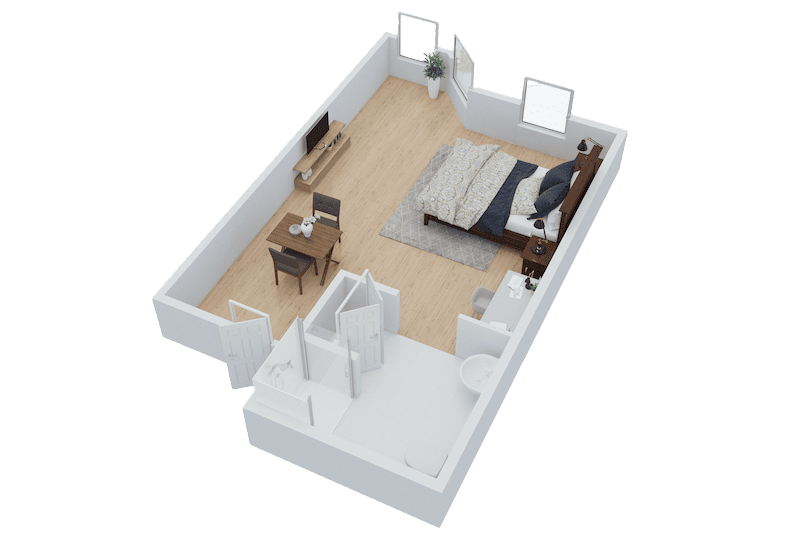 3D floor plan of a studio apartment at Thrive Senior Living, featuring a bed, desk, TV, small dining table, and separate bathroom with shower and toilet.