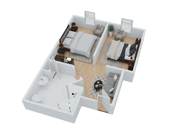 3D floor plan of a Thrive Senior Living two-bedroom apartment with a shared bathroom, a living area, and visible furniture arrangement in each room.