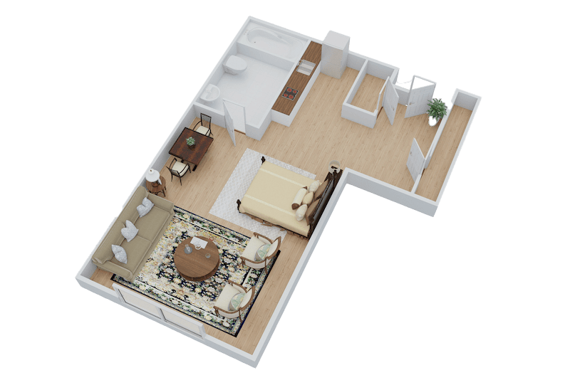 3D floor plan of a studio apartment designed for Thrive Senior Living, featuring a bedroom area, living space, dining table, kitchen, bathroom, and a closet.