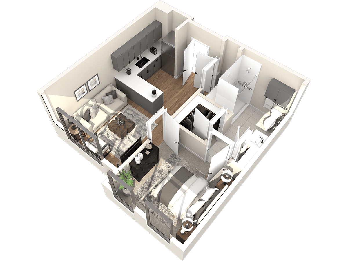 3D floor plan of a Thrive Senior Living one-bedroom apartment featuring a living room, kitchen, bathroom, laundry area, and bedroom with two nightstands.