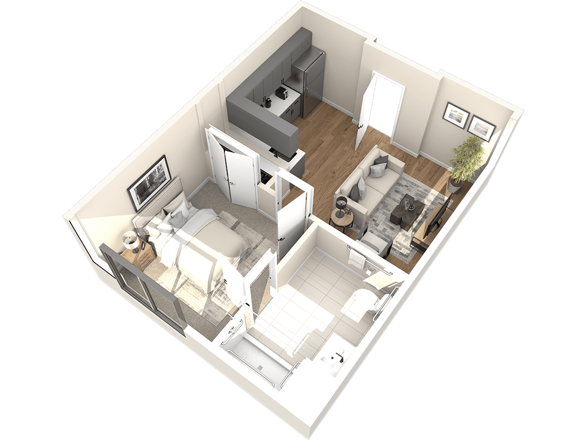 3D floor plan of a one-bedroom apartment at Thrive Senior Living, featuring a bedroom, bathroom, kitchen, and living area with furniture and decor.