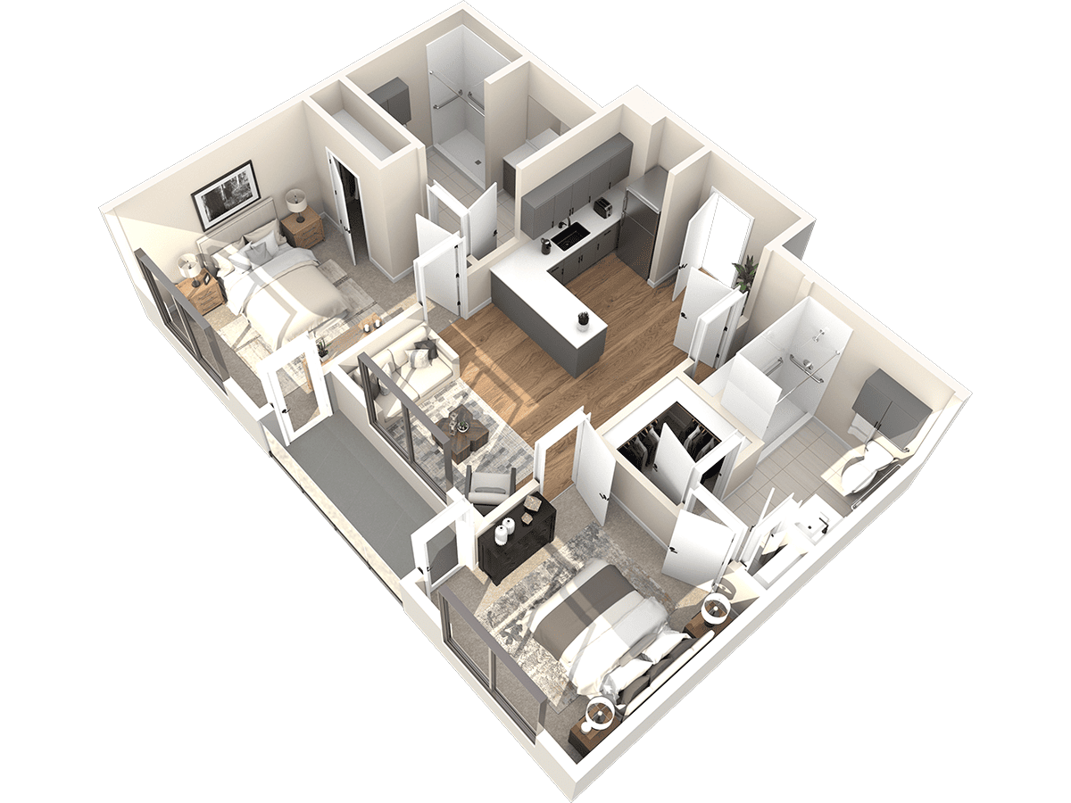 3D floor plan of a two-bedroom, two-bathroom Thrive Senior Living apartment featuring a kitchen, living area, and separate bedrooms with attached bathrooms.