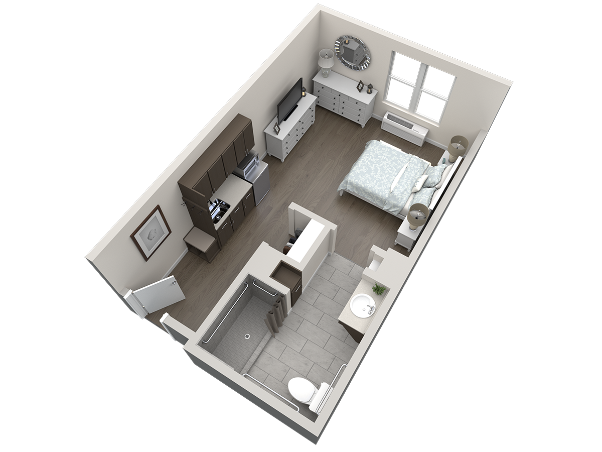 3D rendered floor plan of a studio apartment with a bed, dresser, TV, kitchen, dining table, bathroom, and window.