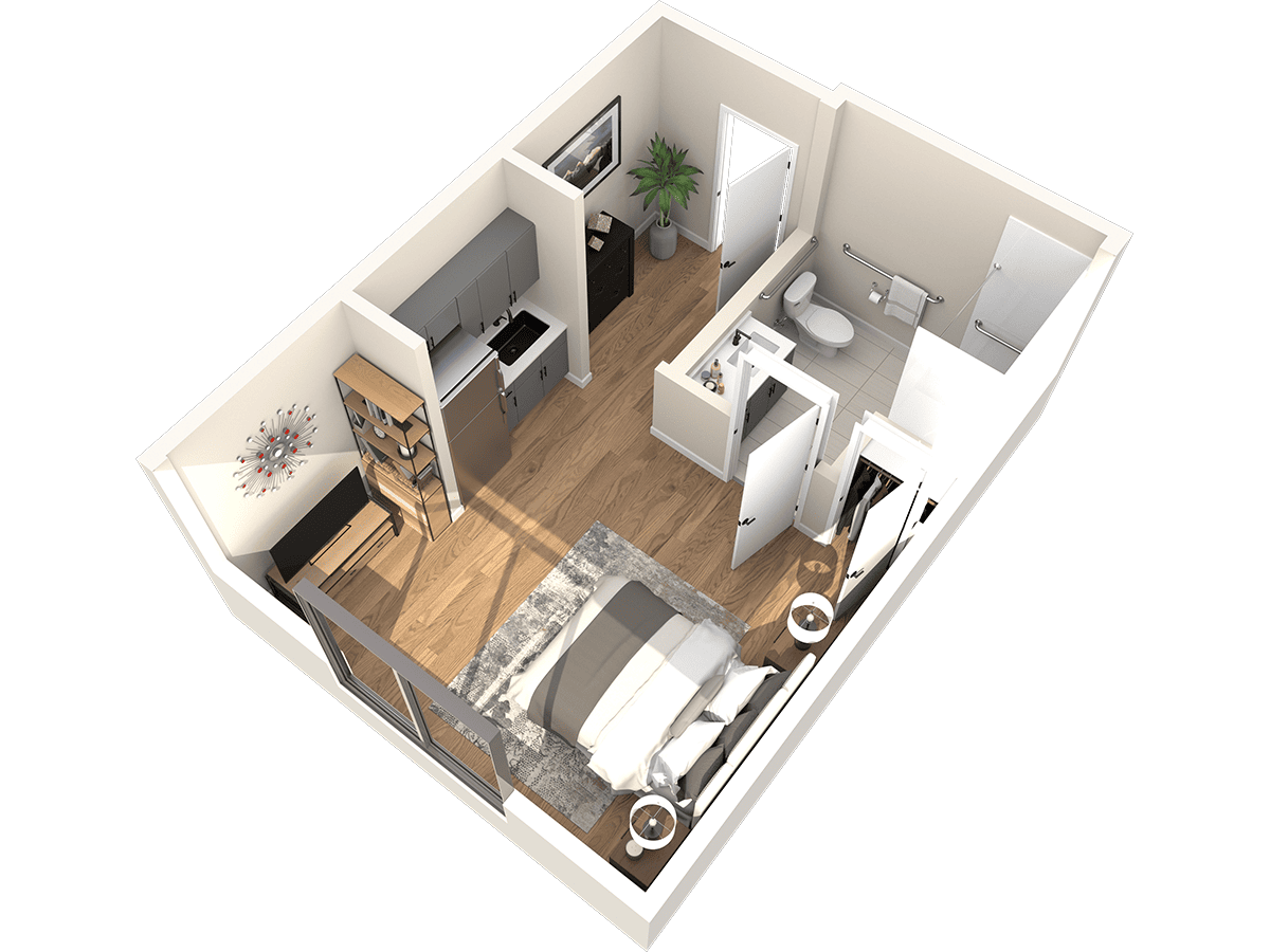 3D rendering of a small studio apartment for Thrive Senior Living, featuring a bed, kitchenette, bathroom, and a cozy seating area with wood flooring throughout.