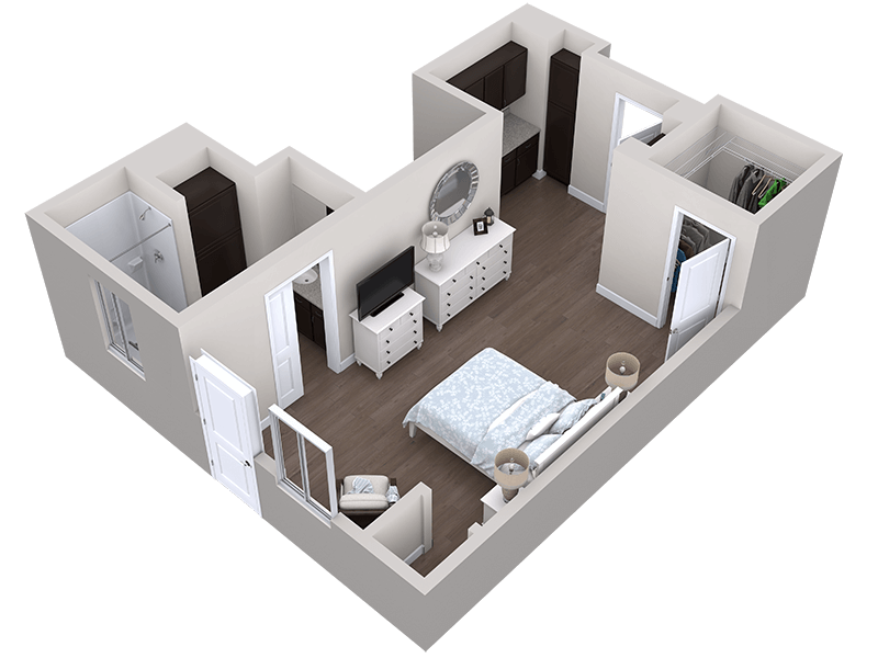 3D floor plan of a bedroom suite with a bed, armchair, dresser, TV, closets, and an attached bathroom, featuring light walls and dark wood flooring.