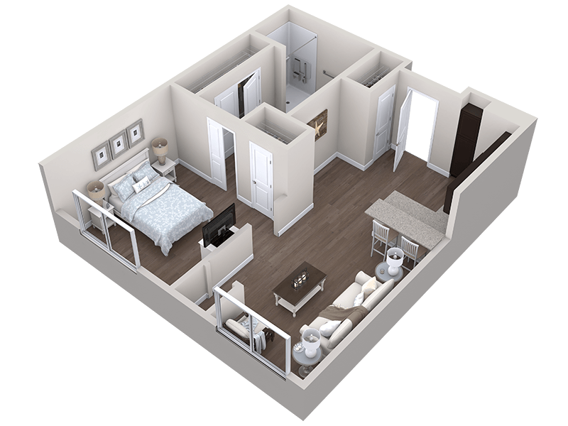3D floor plan of a one-bedroom apartment featuring a bedroom, bathroom, kitchen with bar seating, living room, and closet space, all with wood flooring and modern furnishings.