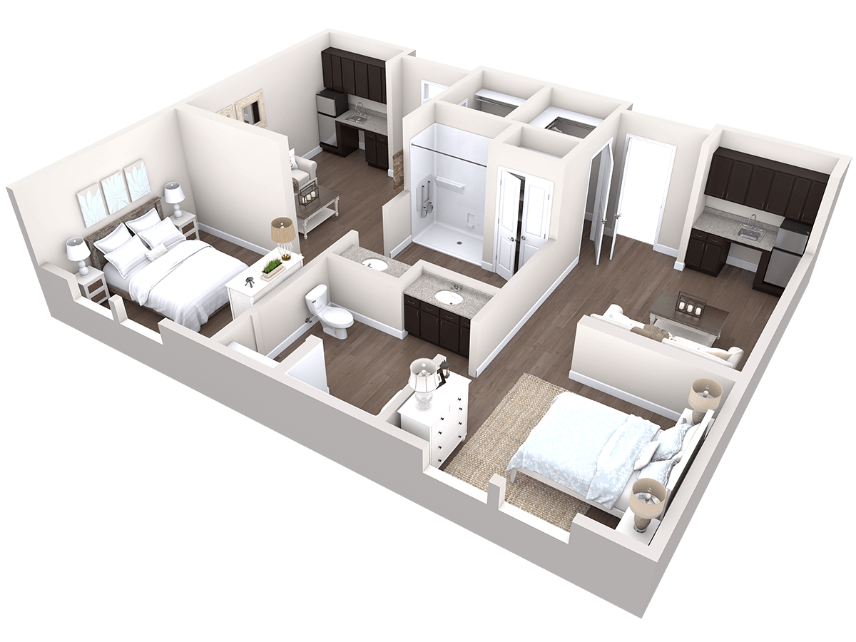 3D floor plan of a two-bedroom apartment with one bathroom, kitchen, living area, and two beds, showing modern furniture and dark cabinetry.