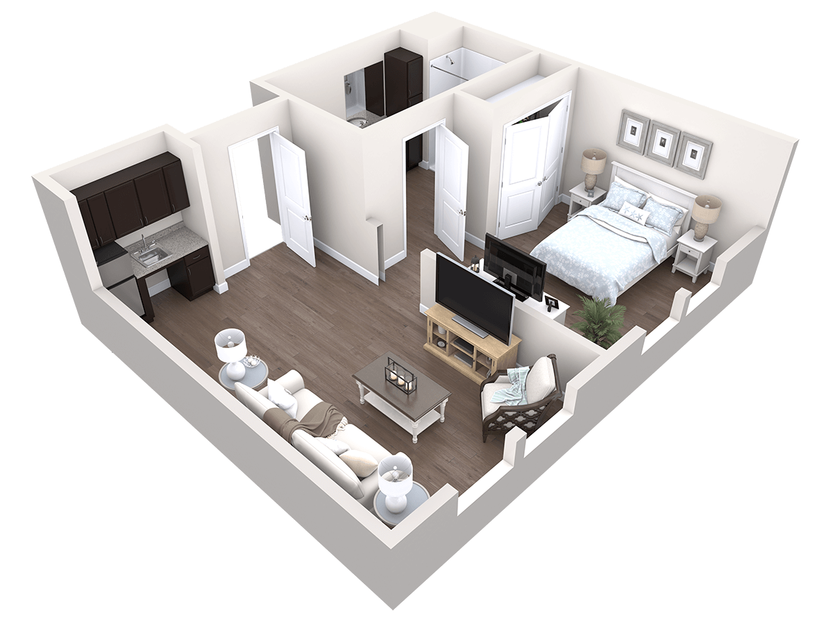 3D rendering of a one-bedroom apartment layout featuring a living room, kitchen, bathroom, and bedroom with furniture and decor.