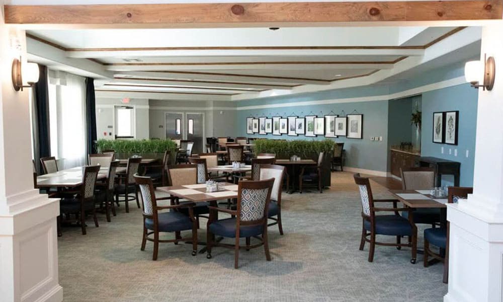 A spacious, well-lit dining room at Thrive Senior Living with neatly arranged tables and chairs, blue accent walls, framed artwork, and large windows letting in natural light.
