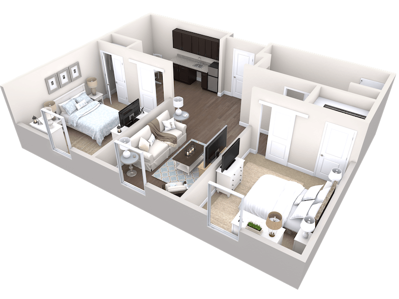 3D floor plan of a two-bedroom apartment at Thrive Senior Living with an open kitchen, living room, two bathrooms, and two bedrooms, featuring modern furnishings and neutral colors.
