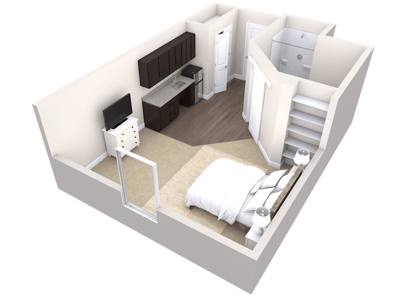 3D rendering of a small studio apartment at Thrive Senior Living, featuring a bed, kitchenette, TV, dresser, open closet shelves, bathroom, and both carpeted and wood flooring.