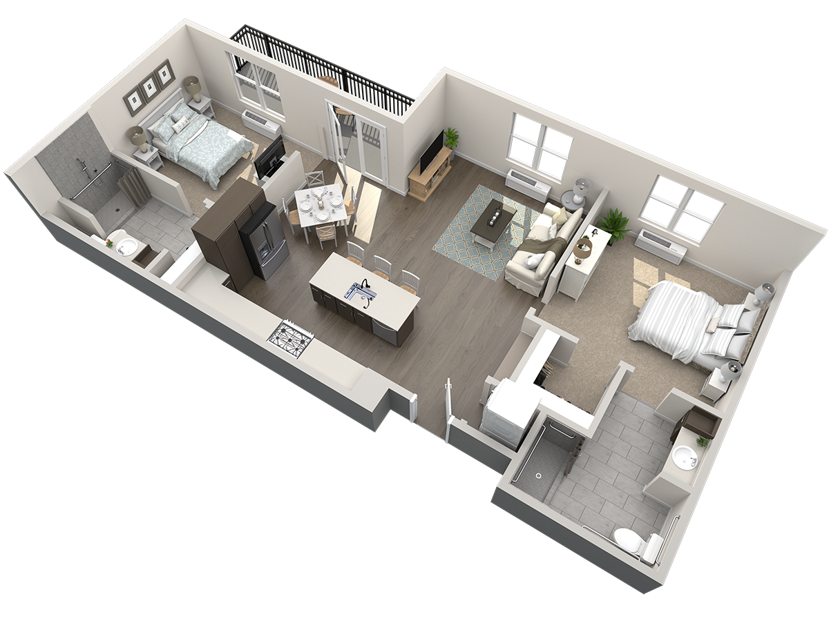 3D floor plan of a two-bedroom, two-bathroom apartment with open kitchen, dining, and living areas, shown fully furnished.