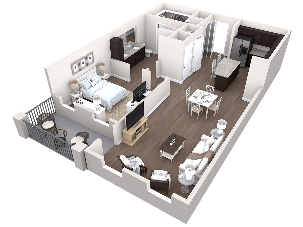 3D floor plan of a one-bedroom apartment featuring a bedroom, bathroom, kitchen, dining area, living room, and a balcony with outdoor seating.