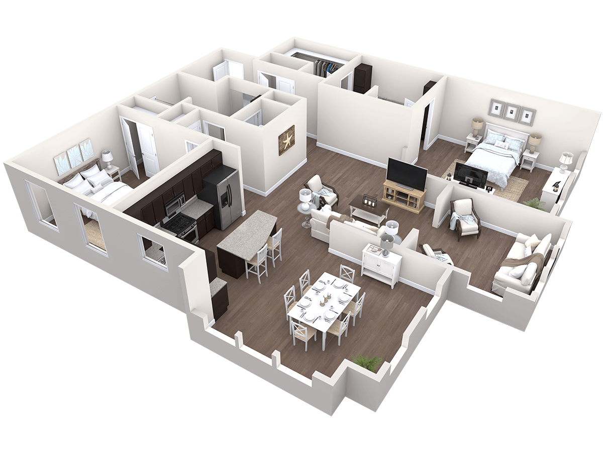 3D floor plan of a modern apartment featuring two bedrooms, two bathrooms, a kitchen with an island, a dining area, and two living spaces.
