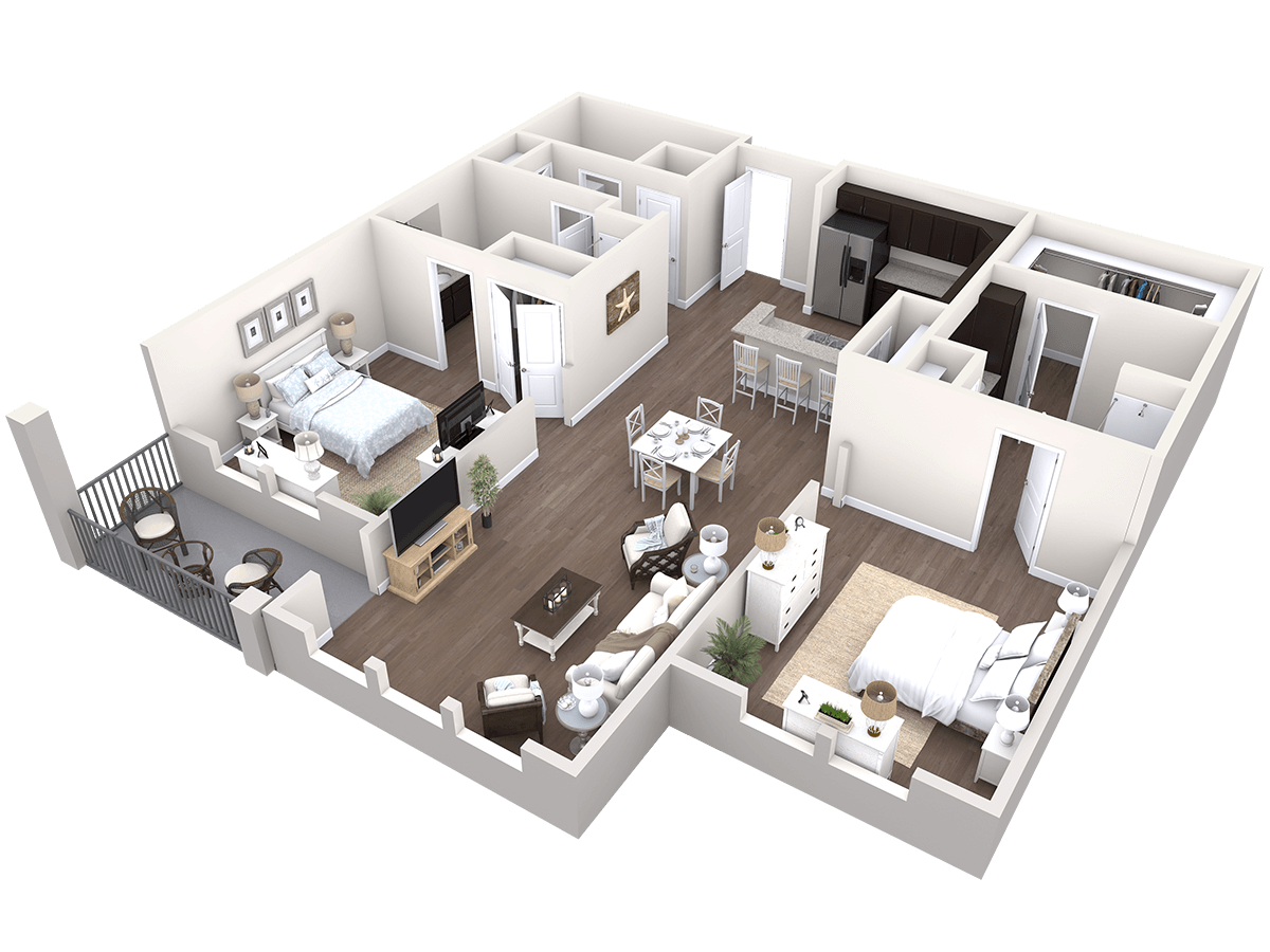 3D floor plan of a two-bedroom apartment featuring an open living and dining area, kitchen, two bathrooms, and a balcony.