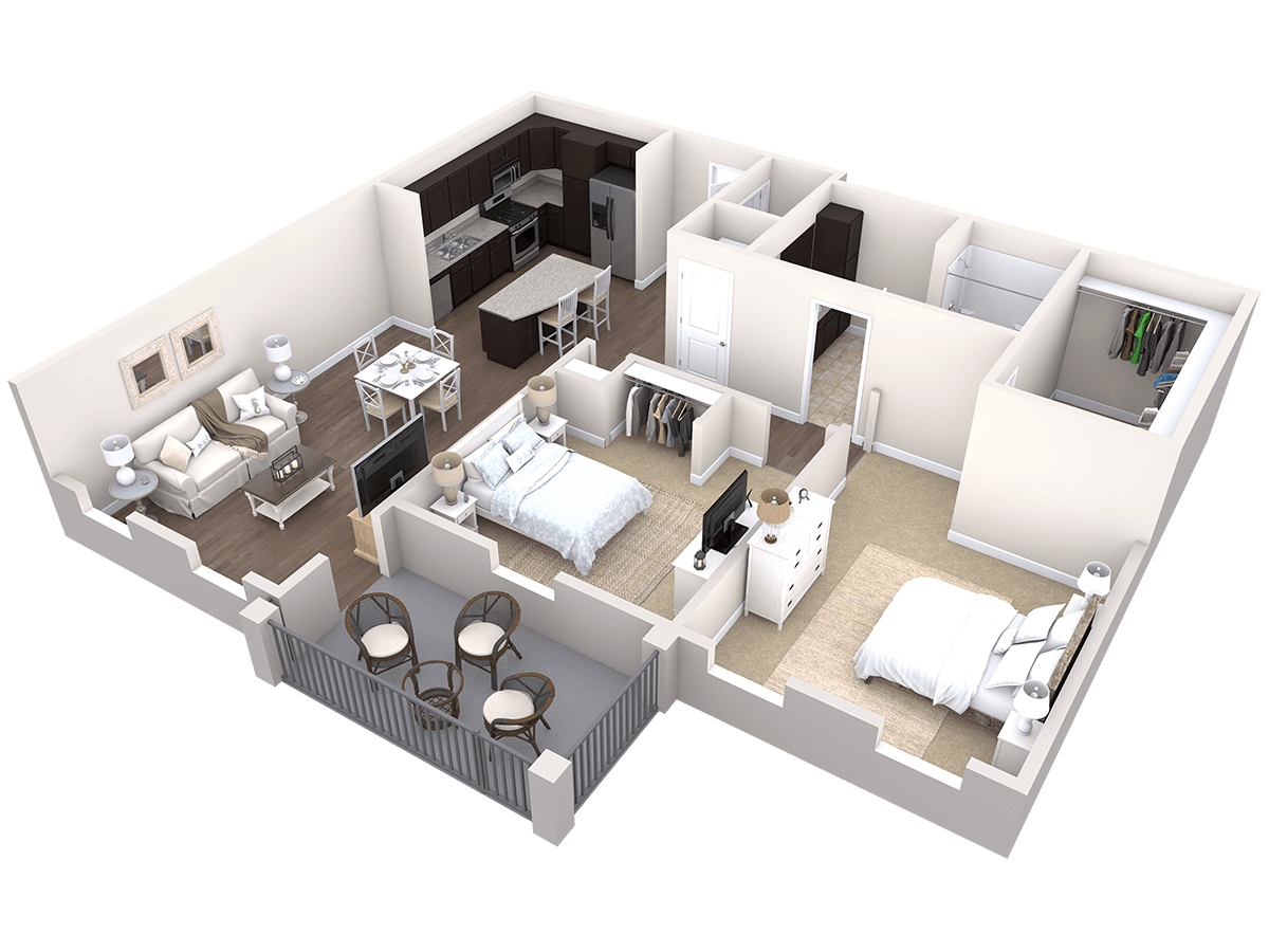 3D floor plan of a two-bedroom apartment with a kitchen, living room, two bathrooms, closets, and a balcony with outdoor seating.