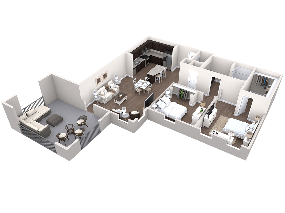 3D floor plan of a two-bedroom apartment with an open living-dining area, kitchen, two bathrooms, and a large balcony with outdoor seating.