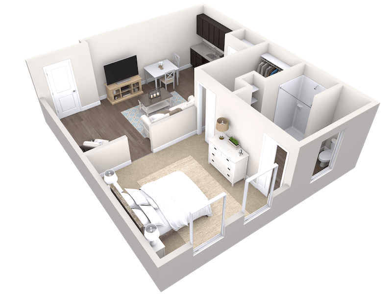 3D floor plan of a one-bedroom apartment at Thrive Senior Living, featuring a living room, kitchen, dining area, bathroom, and walk-in closet.