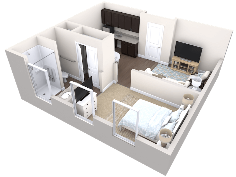 3D floor plan of a Thrive Senior Living one-bedroom apartment featuring a bedroom, bathroom, living area with TV, and kitchen. The open, compact layout includes modern furnishings and neutral colors for a comfortable lifestyle.