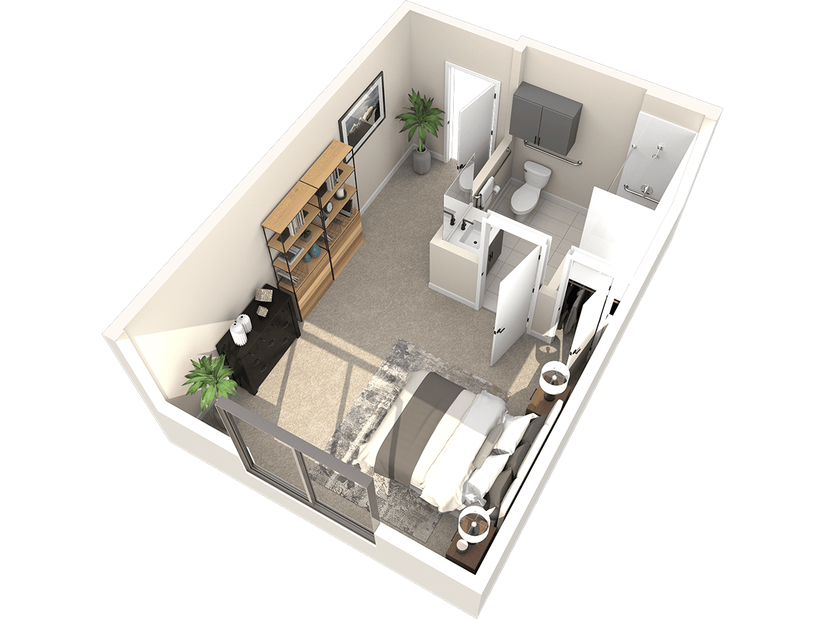 3D rendering of a Thrive Senior Living small bedroom with a bed, nightstands, dresser, bookcase, bathroom, and glass doors opening to a balcony or patio.