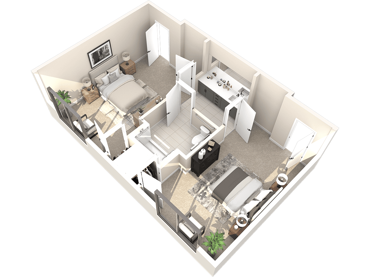 3D floor plan for Thrive Senior Living featuring two bedrooms, one bathroom, a shared living area, and kitchen. Each bedroom includes a bed, desk, and closet. The thoughtful layout shows doors and essential furnishings throughout.