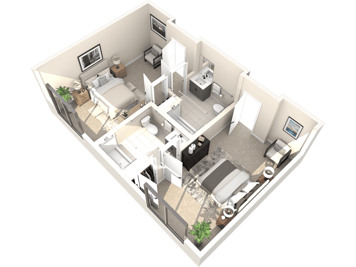 3D floor plan of a two-bedroom, two-bathroom Thrive Senior Living apartment with a shared living area, each bedroom having access to a bathroom, and windows in every room.
