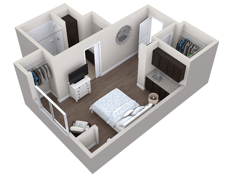 3D floor plan of a studio apartment with a bed, TV, dresser, armchair, kitchenette, two closets, and an entryway.