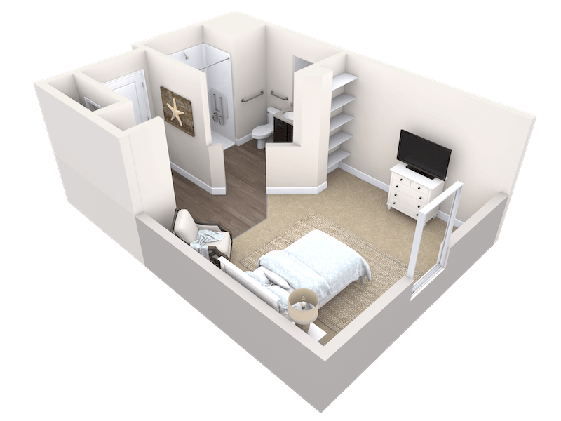 3D render of a small studio apartment at Thrive Senior Living, featuring a bed, dresser, TV, open shelves, and a bathroom with shower, toilet, and grab bars. The entrance is conveniently located next to the bathroom area.