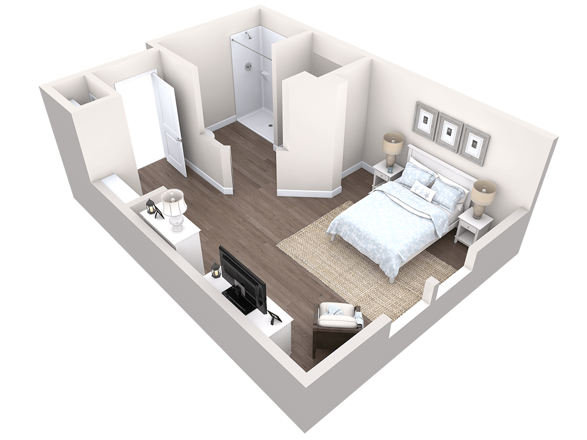 3D floor plan of a small apartment with one bedroom, a bathroom, a bed, two nightstands, a TV, an armchair, and hardwood floors.