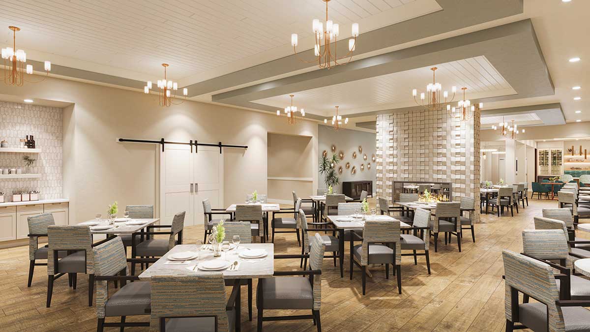 A modern, well-lit restaurant dining area at Thrive Senior Living with neatly arranged tables and chairs, neutral-colored décor, and contemporary lighting fixtures.