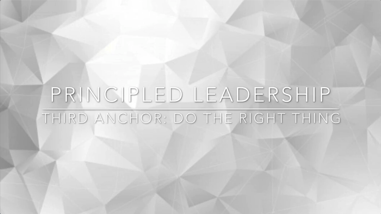 Text on a geometric gray background reads: "Principled Leadership. Third Anchor: Do the Right Thing." At Thrive Senior Living, we lead by example, always striving to make choices that reflect our core values.