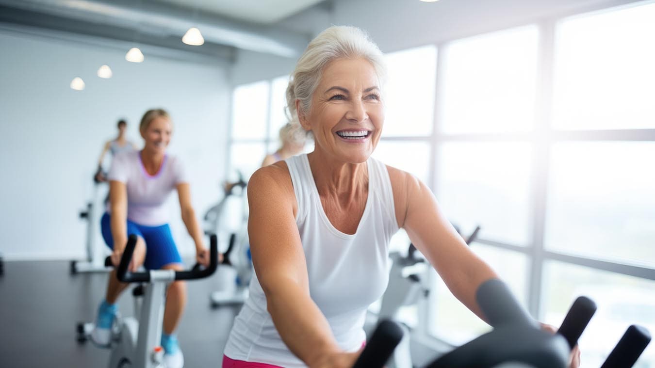 Older women at Thrive Senior Living exercise on stationary bikes in a bright gym, with one woman in the foreground smiling and wearing a white tank top.