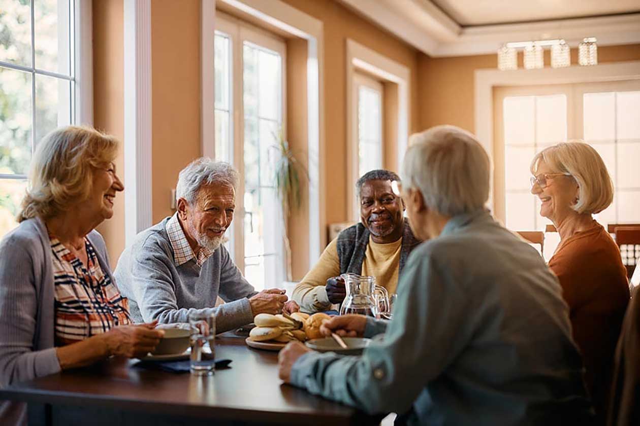 Five older adults sit around a dining table at Thrive Senior Living, talking and smiling, with food and drinks in front of them in a sunlit room.