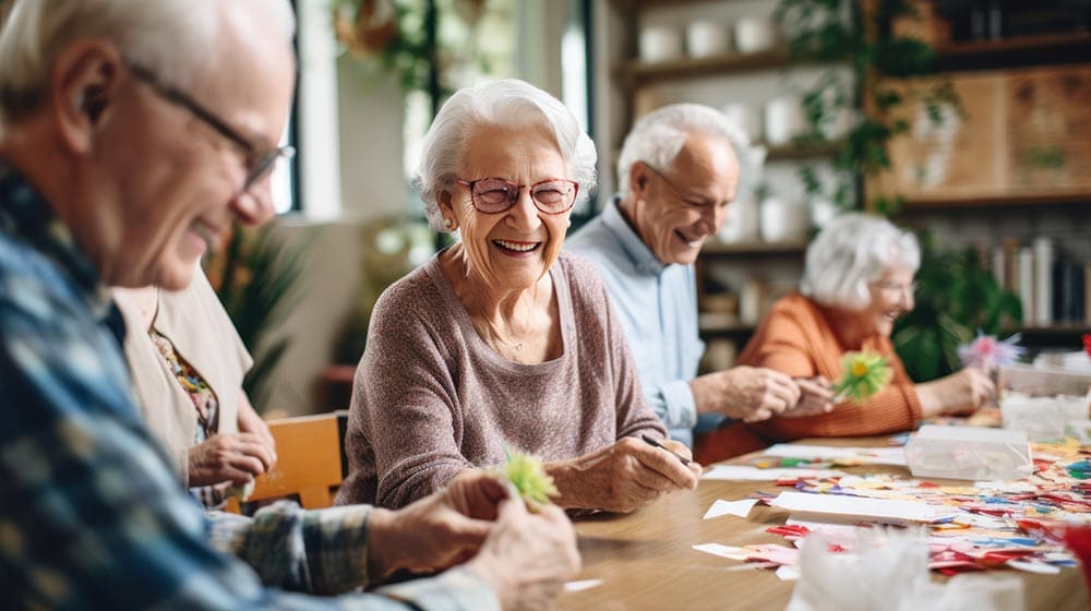 Four older adults sit at a table making crafts together, smiling and surrounded by colorful materials in a well-lit Thrive Senior Living community room.