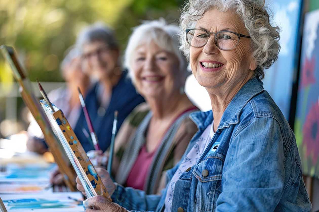 A group of older women from Thrive Senior Living sits outdoors painting, with one woman in the foreground smiling at the camera.