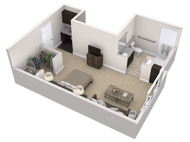3D floor plan of a studio apartment at Thrive Senior Living, featuring an open bedroom, living area, small kitchen, bathroom with shower, and a walk-in closet.
