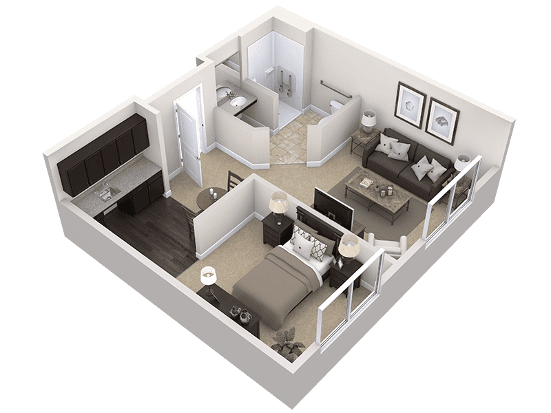 3D floor plan of a one-bedroom apartment at Thrive Senior Living, featuring a bedroom, bathroom, kitchen, and spacious living area with a sofa and entertainment center.