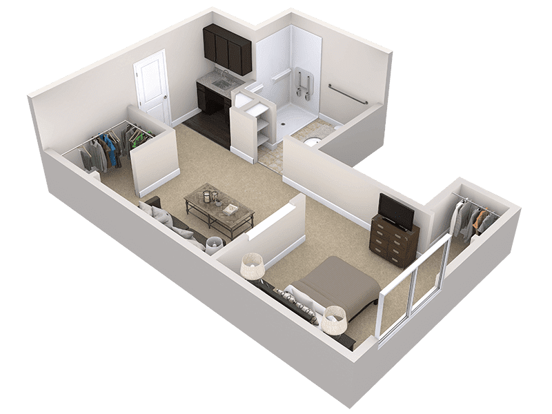 3D floor plan of a small Thrive Senior Living apartment featuring one bedroom, one bathroom, a living area, kitchen, and two closets.