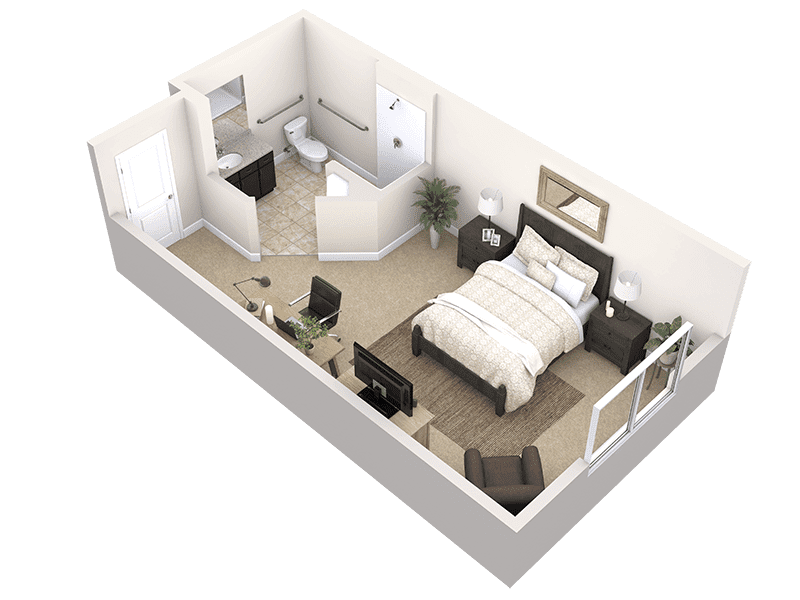 3D floor plan of a one-bedroom Thrive Senior Living apartment featuring a bedroom with a bed, nightstands, TV, cozy seating area, and an attached bathroom.