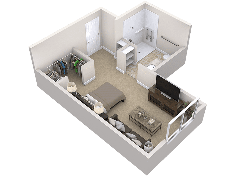 3D floor plan of a studio apartment at Thrive Senior Living, featuring a bed, sofa, open closet, TV, coffee table, and a bathroom with accessible fixtures.