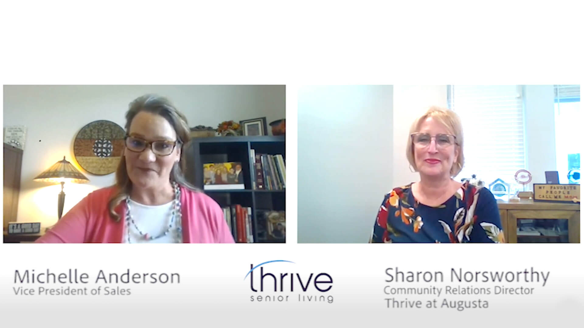 Michelle Anderson and Sharon Norsworthy appear in a split-screen video call for Thrive Senior Living, with their names, titles, and the Thrive Senior Living logo displayed at the bottom of the screen.