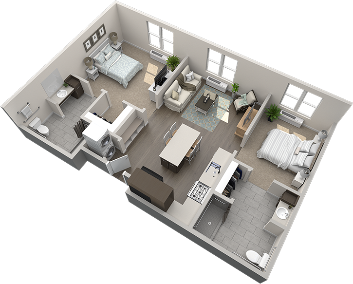 3D floor plan of a two-bedroom, two-bath apartment with open kitchen, living area, dining table, laundry space, and two separate bathrooms.