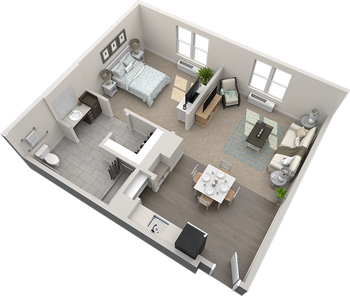 3D floor plan of a studio apartment featuring a bedroom, bathroom, open kitchen, dining area, and living room with modern furnishings.