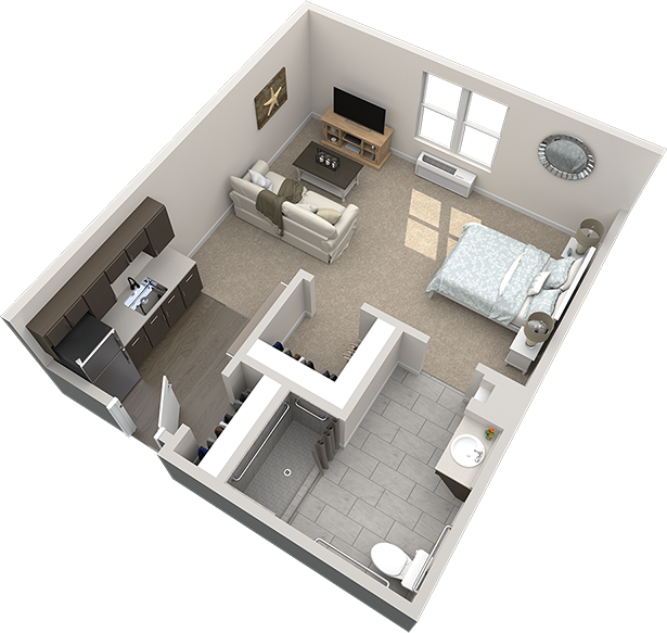 3D floor plan of a studio apartment with a kitchen, living area, bed, bathroom, and closets, featuring neutral tones and modern furnishings.
