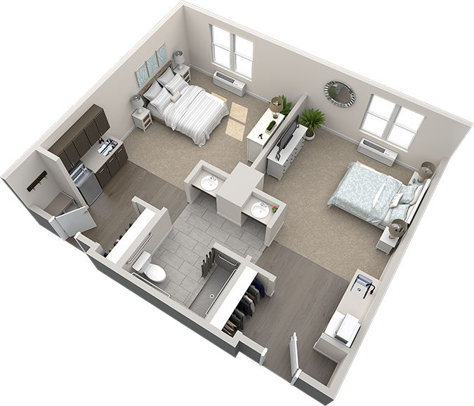 3D floor plan of a two-bedroom apartment with a shared bathroom, living area with TV, kitchen, and two beds positioned in separate corners of the main room.
