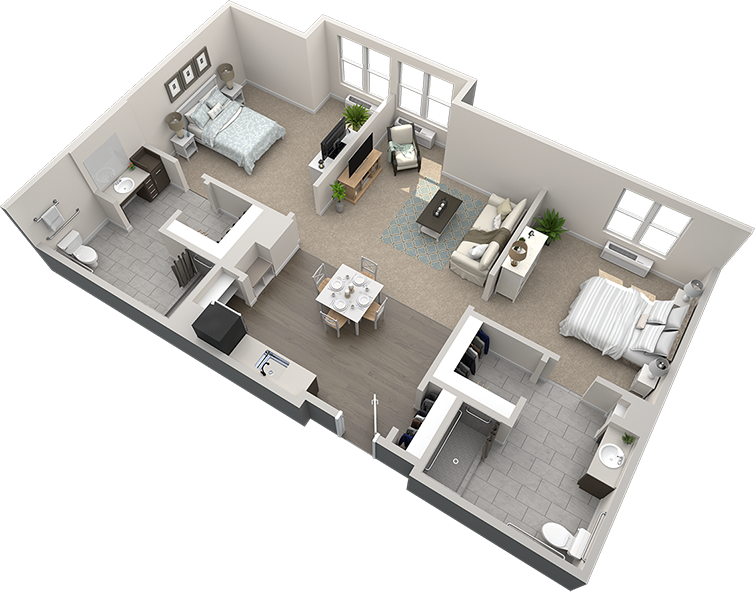 3D floor plan of a two-bedroom, two-bathroom apartment with a living room, kitchen, dining area, and laundry space.