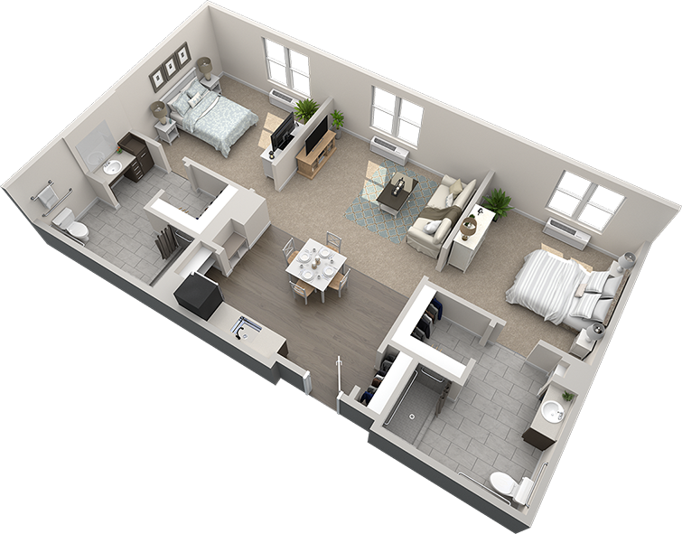 3D floor plan of a two-bedroom, two-bathroom apartment with a kitchen, dining area, living room, and multiple windows.