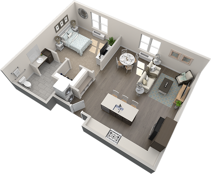 3D floor plan of a one-bedroom apartment featuring an open kitchen, living and dining area, bedroom, bathroom, and in-unit laundry.